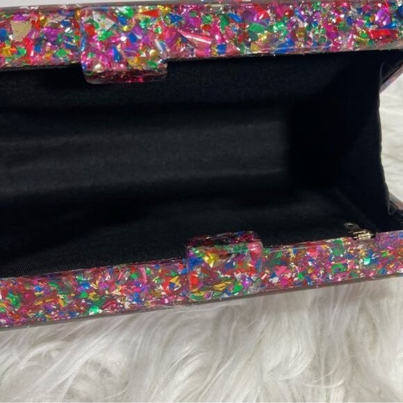 Evil Eye Acrylic Confetti Clutch Gold Chain Strap Handbag Multicolor Small - Picture 7 of 11